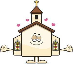 A cartoon illustration of a church ready to give a hug.